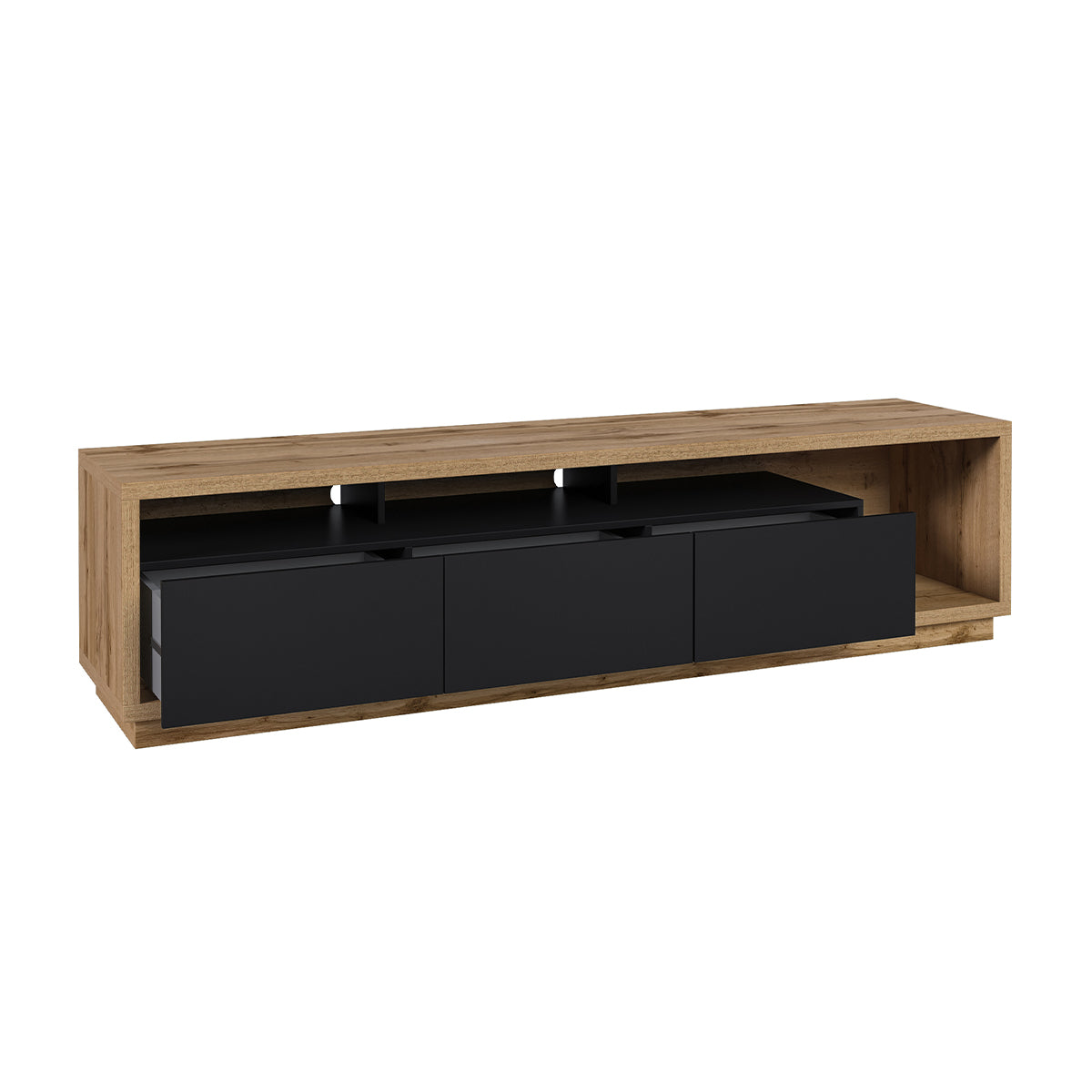 Meuble TV 3 tiroirs 200 cm Asten Noir et Bois