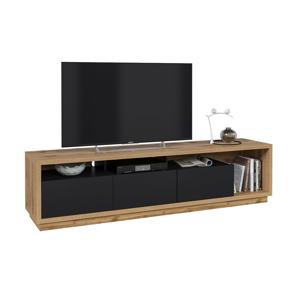Meuble TV 3 tiroirs 200 cm Asten Noir et Bois - vue 2