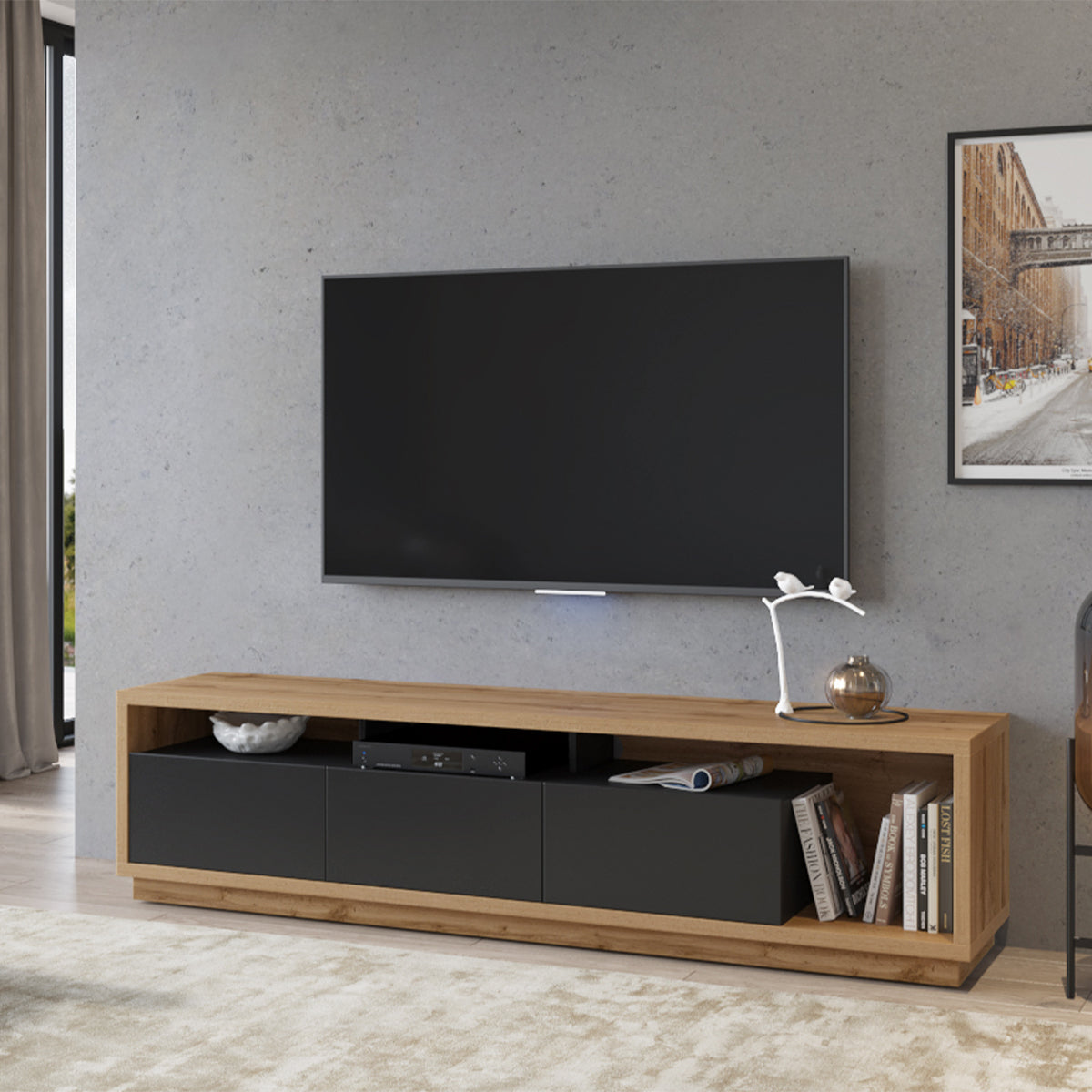 Meuble TV 3 tiroirs 200 cm Asten Noir et Bois - vue 3