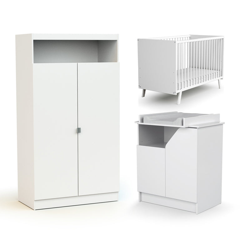 Chambre complète lit bébé 60x120 commode à langer et armoire AT4 Carnaval Blanc - vue 2