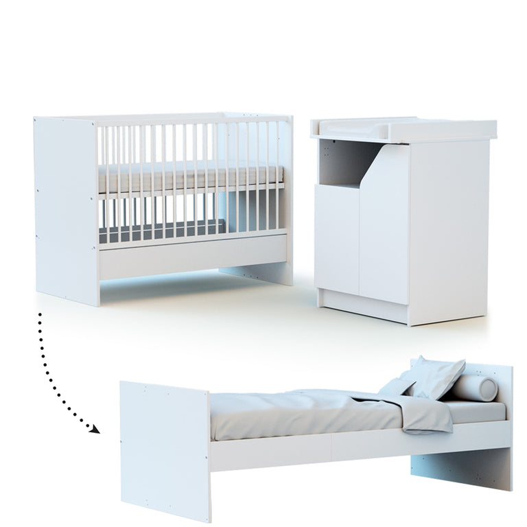 Lit évolutif 60x120 en 90x190 et commode avec plan à langer AT4 Carnaval Blanc