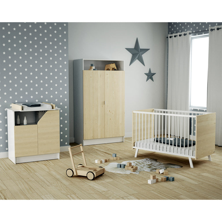Chambre complète lit bébé 60x120 commode à langer et armoire AT4 Carnaval Blanc et bois