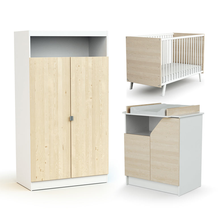 Chambre complète lit bébé 60x120 commode à langer et armoire AT4 Carnaval Blanc et bois - vue 2