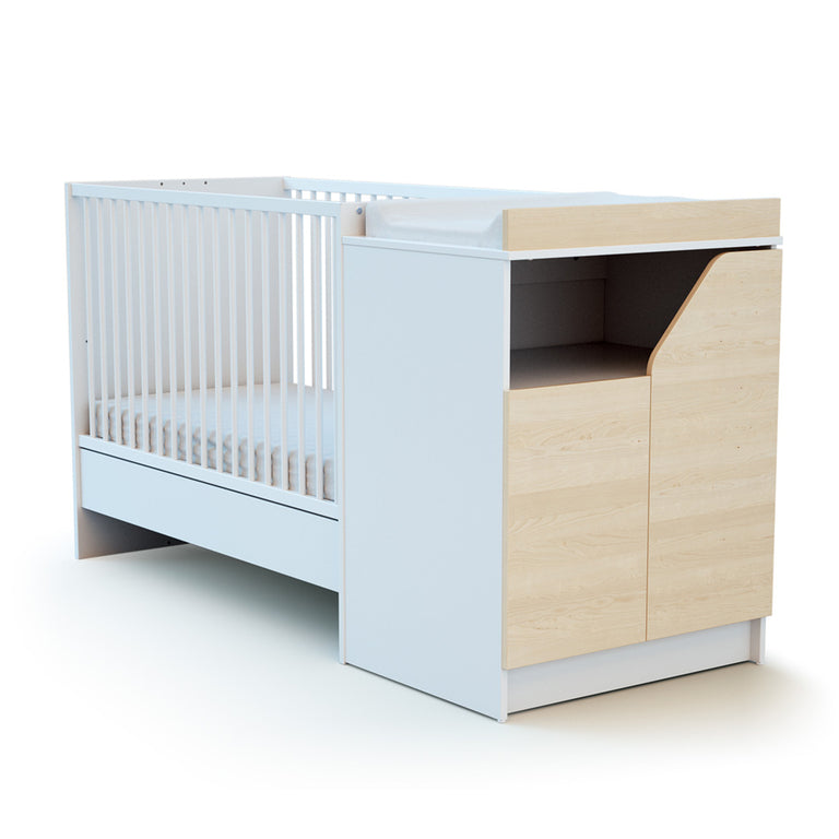 Lit évolutif 60x120 en 90x190 et commode avec plan à langer AT4 Carnaval Blanc et bois - vue 2