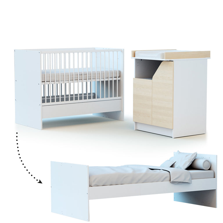 Lit évolutif 60x120 en 90x190 et commode avec plan à langer AT4 Carnaval Blanc et bois