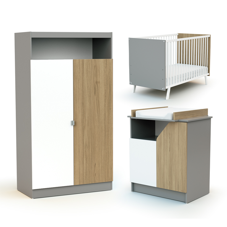 Chambre complète lit bébé 60x120 commode à langer et armoire AT4 Carnaval Gris blanc et bois - vue 2
