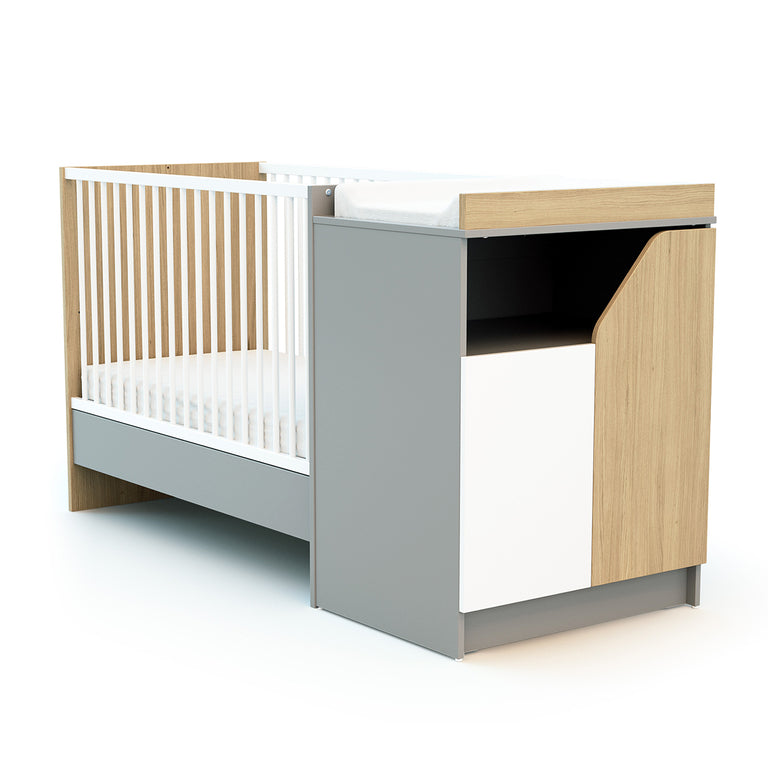 Lit évolutif 60x120 en 90x190 et commode à langer AT4 Carnaval Gris blanc et bois - vue 2