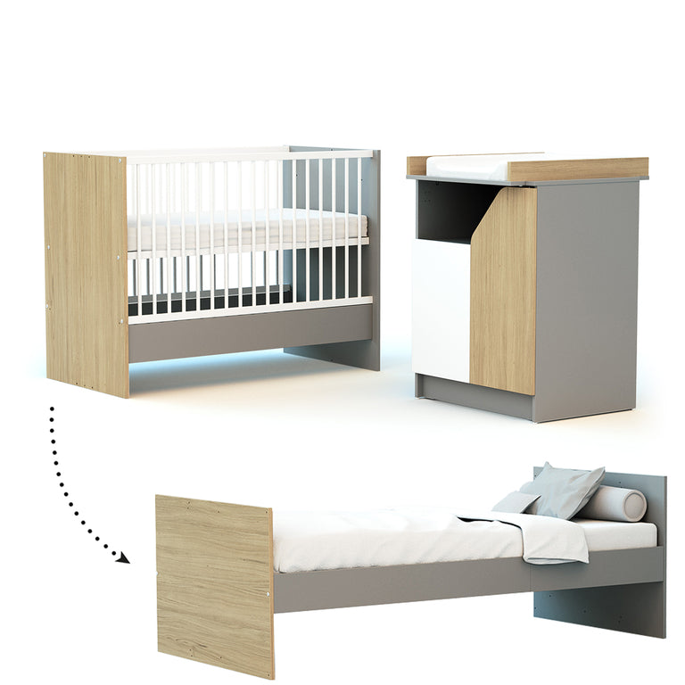 Lit évolutif 60x120 en 90x190 et commode à langer AT4 Carnaval Gris blanc et bois