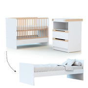 Lit évolutif 60x120 en 90x190 et commode à langer AT4 Carrousel Blanc et hêtre