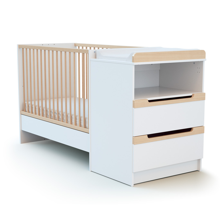 Lit évolutif 60x120 en 90x190 et commode à langer AT4 Carrousel Blanc et hêtre - vue 2