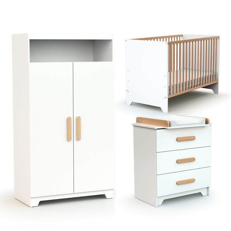 Chambre complète lit bébé 60x120 commode à langer et armoire AT4 Gavroche Blanc et hêtre - vue 2