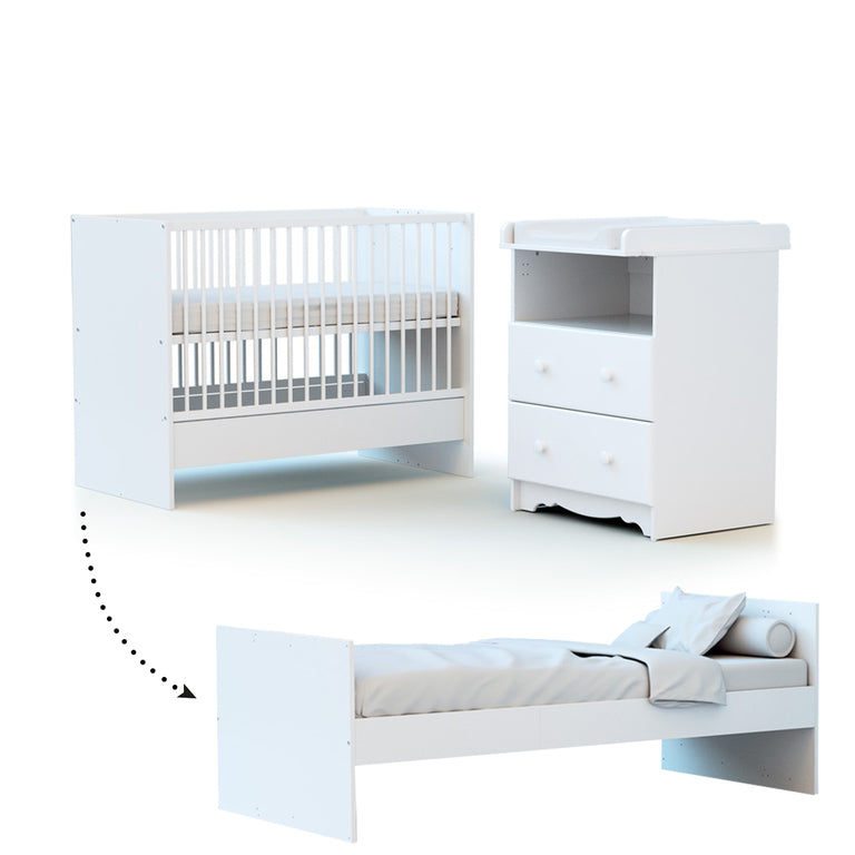 Lit évolutif 60x120 en 90x190 et commode à langer AT4 Marelle Blanc
