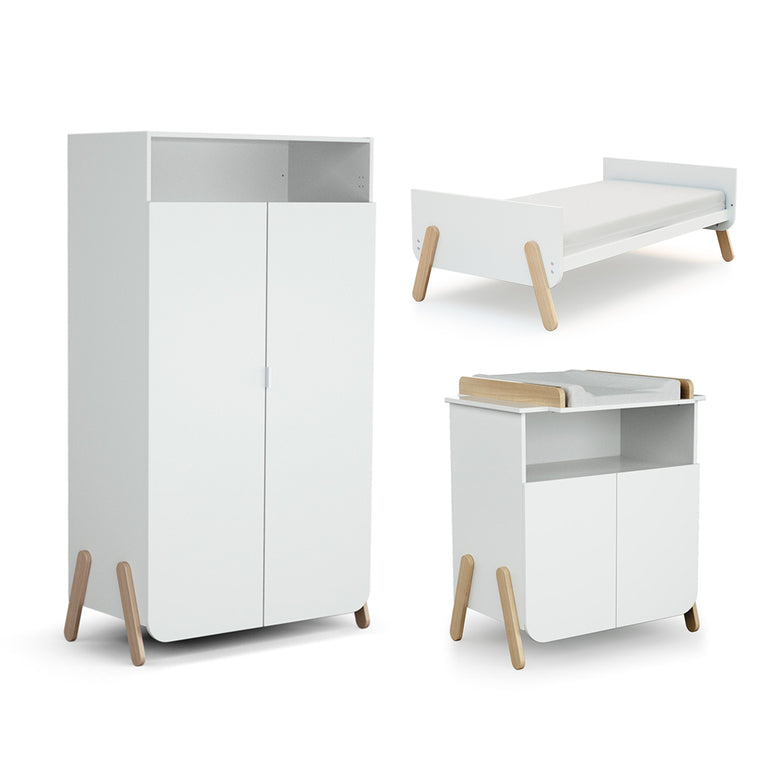 Chambre complète lit évolutif 70x140 commode à langer et armoire AT4 Pirate Blanc et hêtre - vue 2
