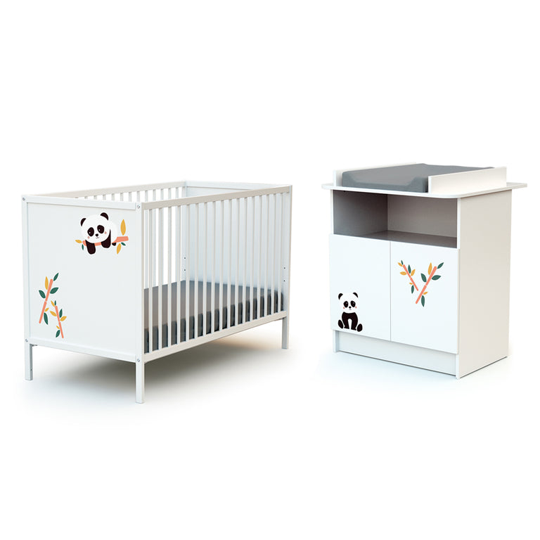Lit bébé 60x120 et commode 2 portes avec plan à langer AT4 Webaby Panda
