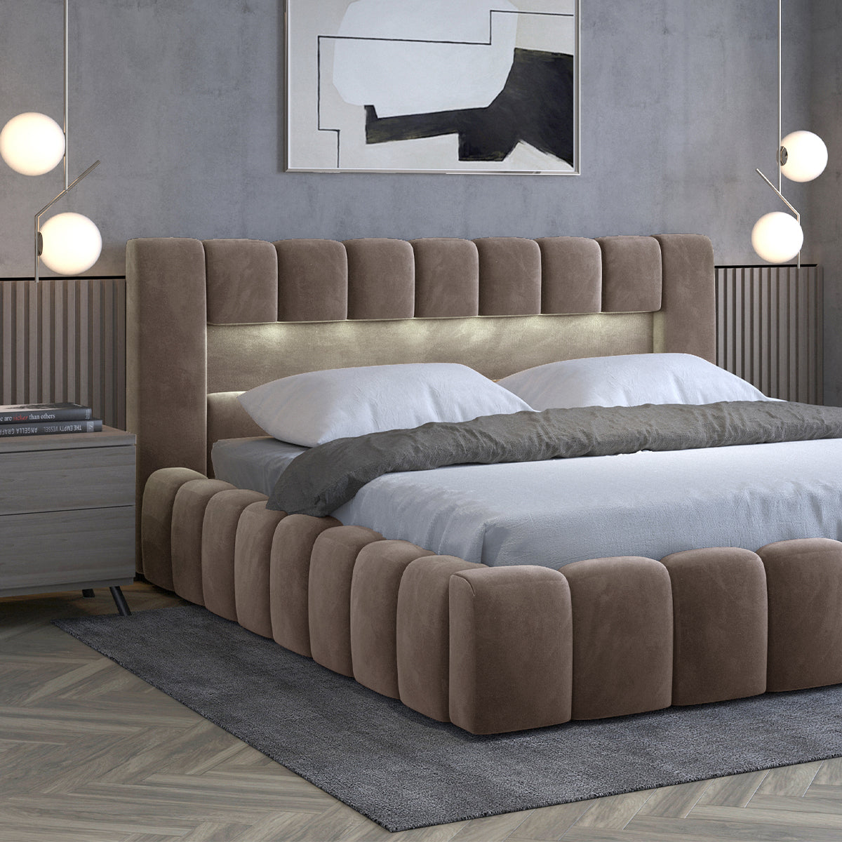 Lit coffre 160x200 sommier inclus Auria Velours Marron - vue 3