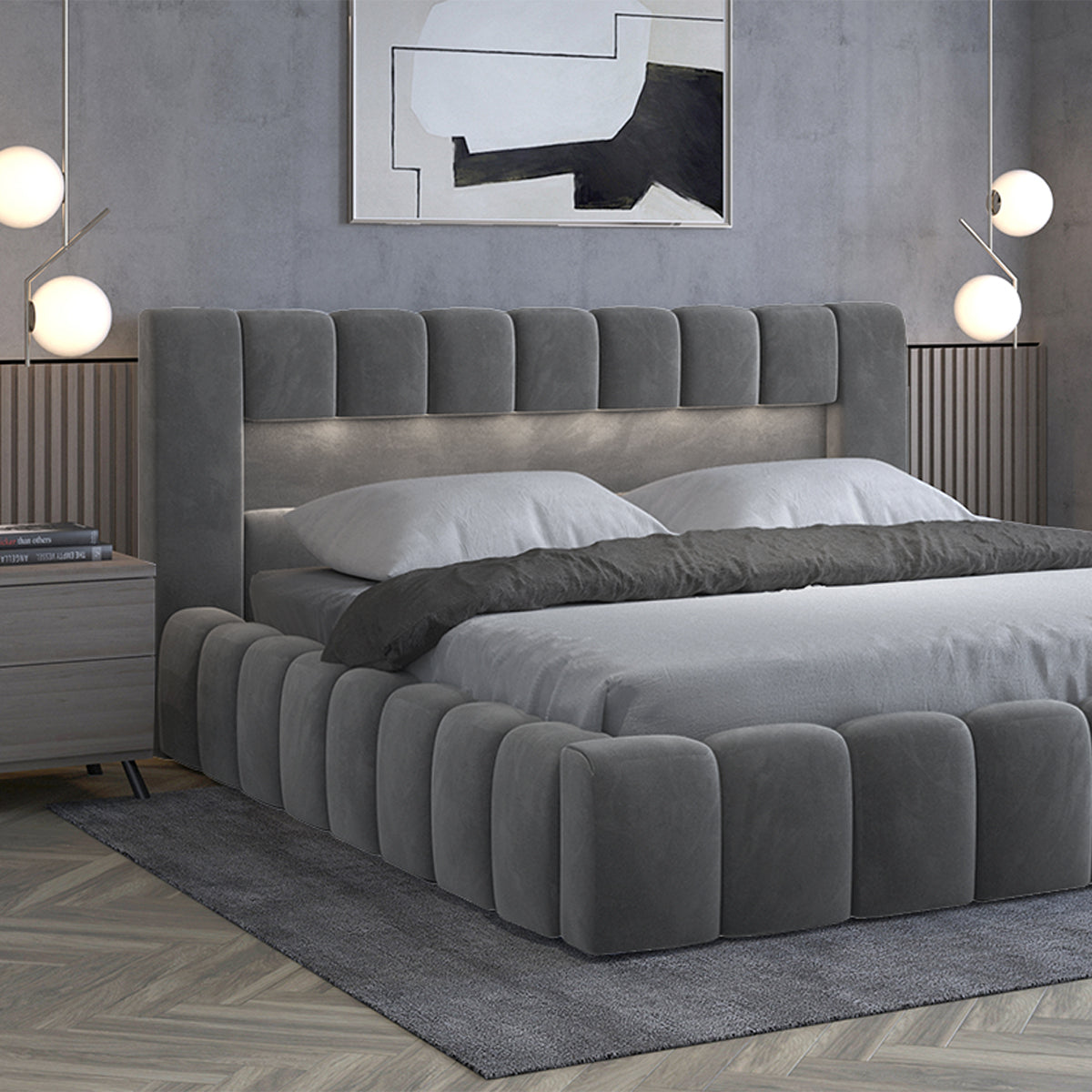 Lit coffre 180x200 sommier inclus Auria Velours Gris - vue 4