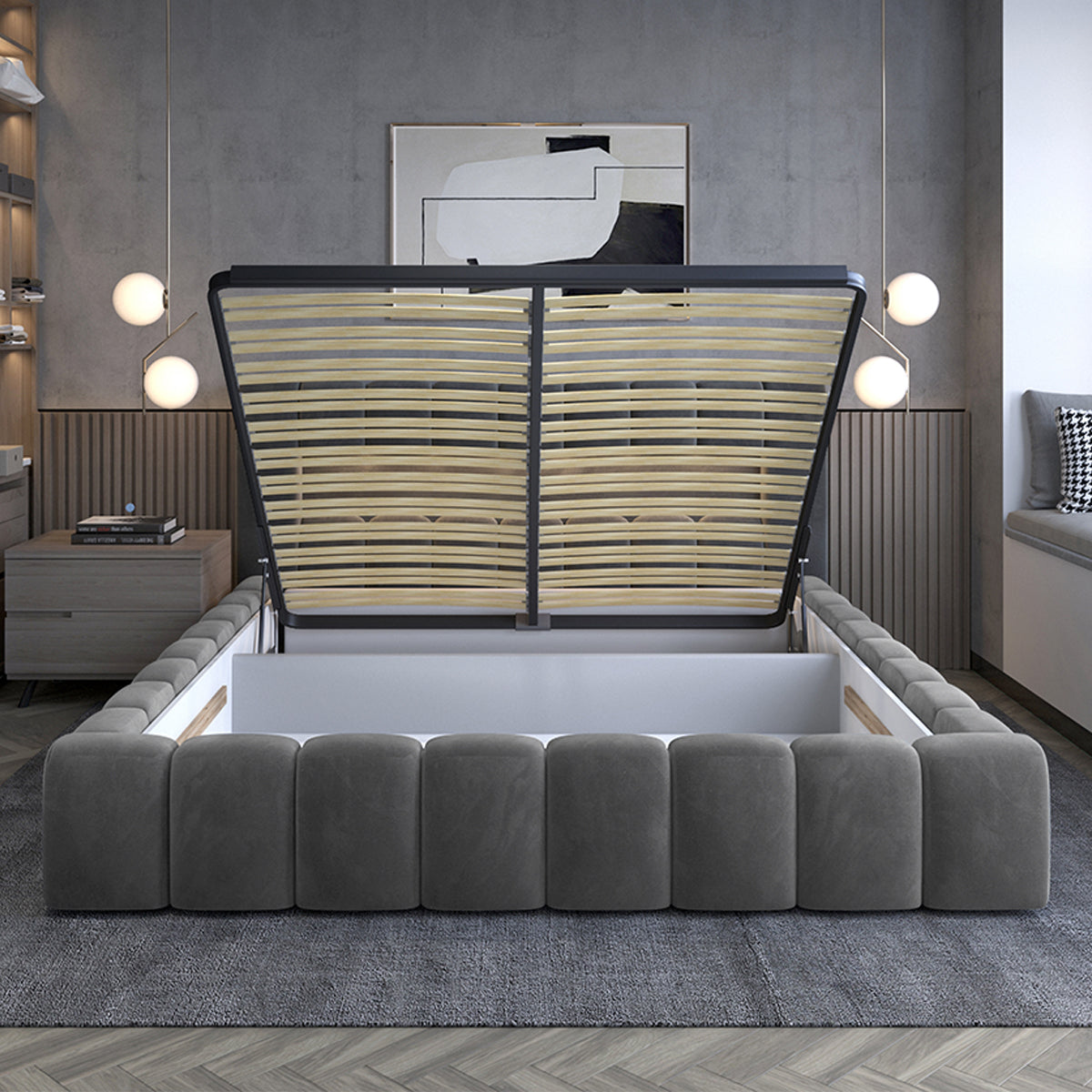 Lit coffre 180x200 sommier inclus Auria Velours Gris - vue 3