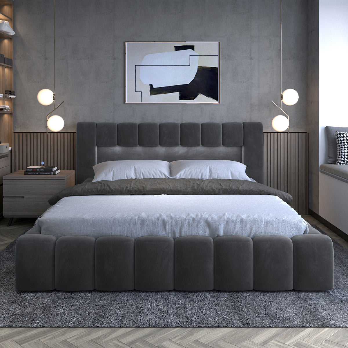 Lit coffre 160x200 sommier inclus Auria Velours Gris foncé - vue 2