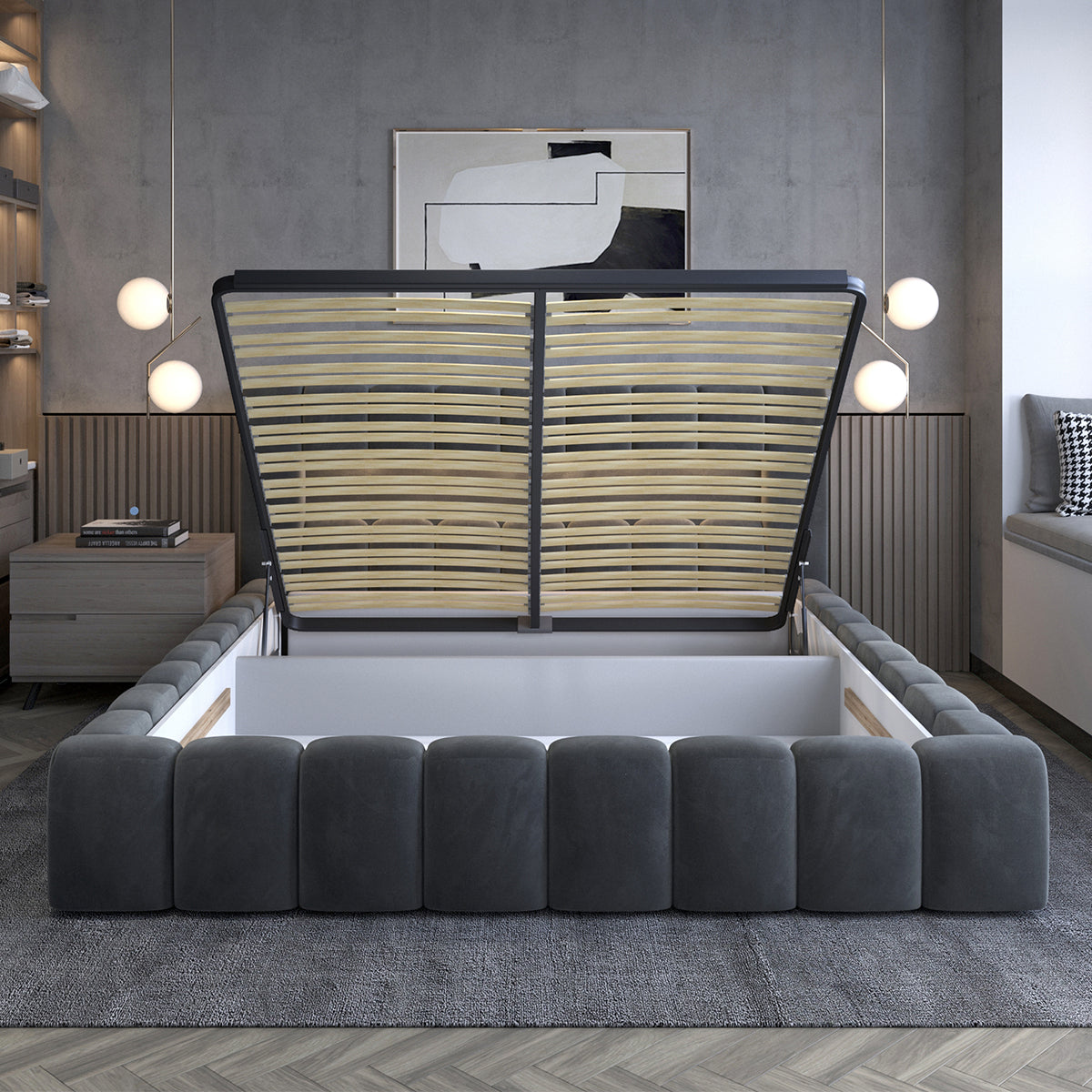 Lit coffre 180x200 sommier inclus Auria Velours Gris foncé - vue 3