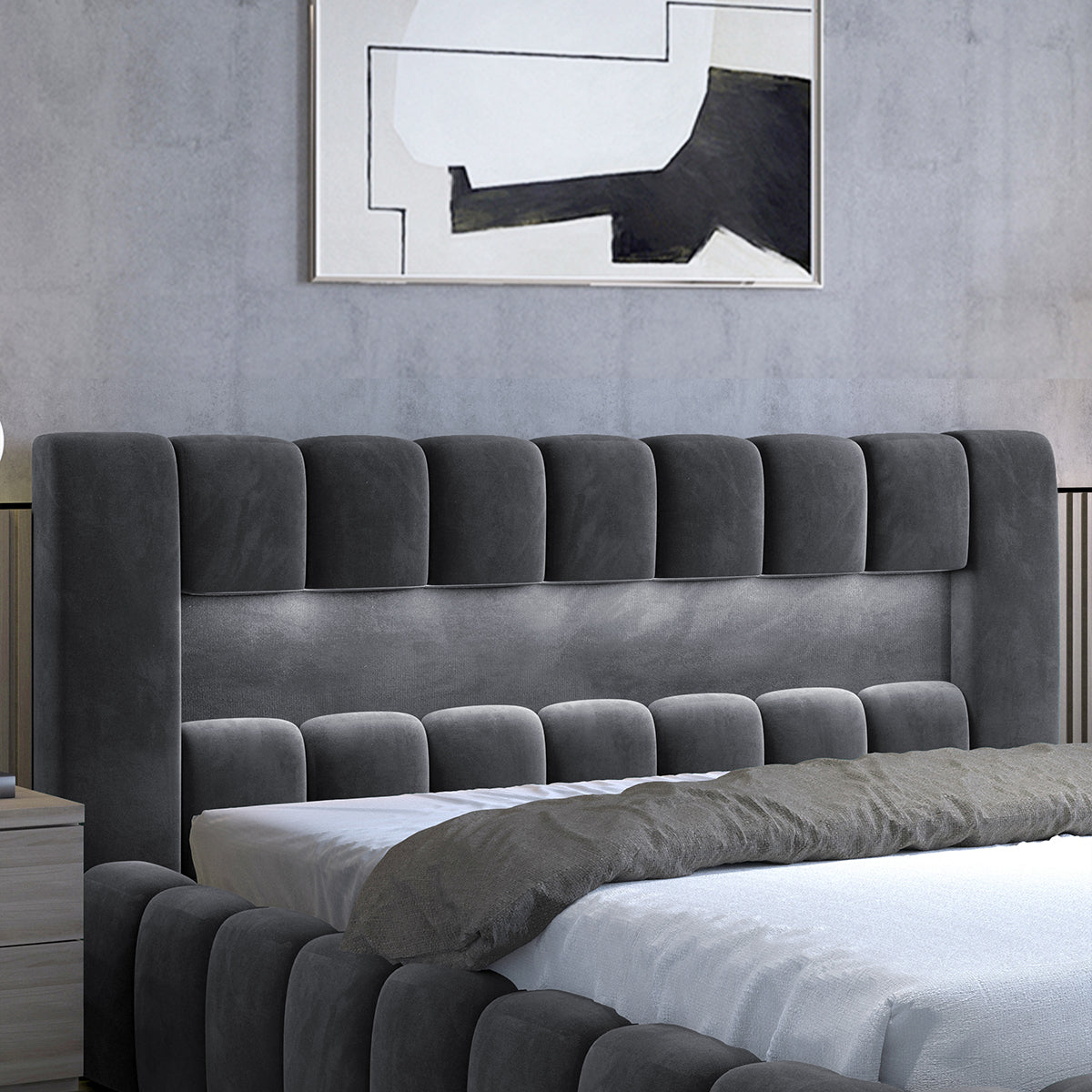 Lit coffre 160x200 sommier inclus Auria Velours Gris foncé - vue 4