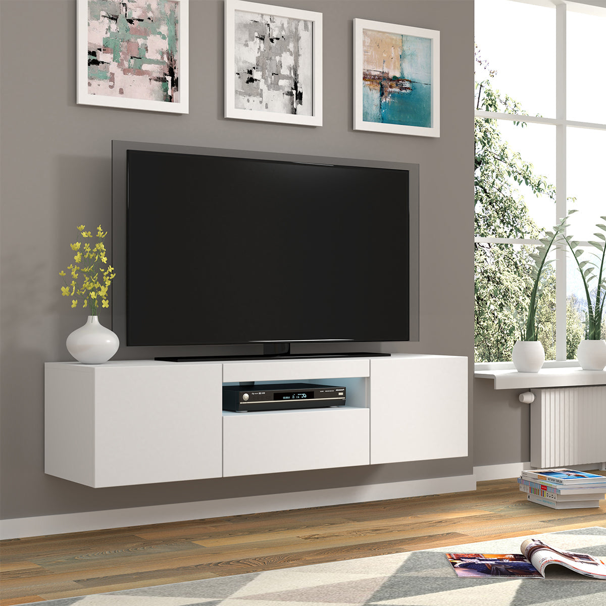 Meuble TV mural 3 portes 150 cm LED Aurus Blanc - vue 5