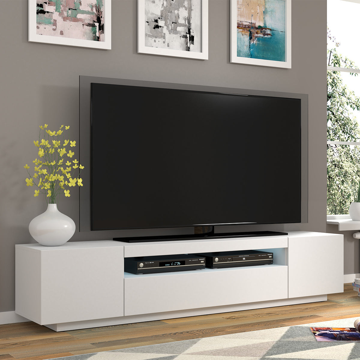 Meuble TV mural 3 portes 200 cm LED Aurus Blanc - vue 4