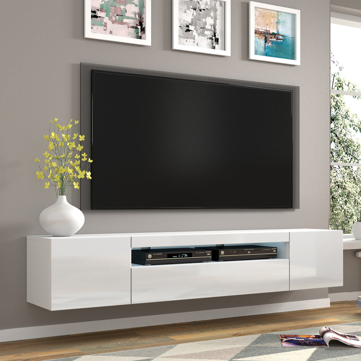 Meuble TV mural 3 portes 200 cm LED Aurus Blanc - vue 3