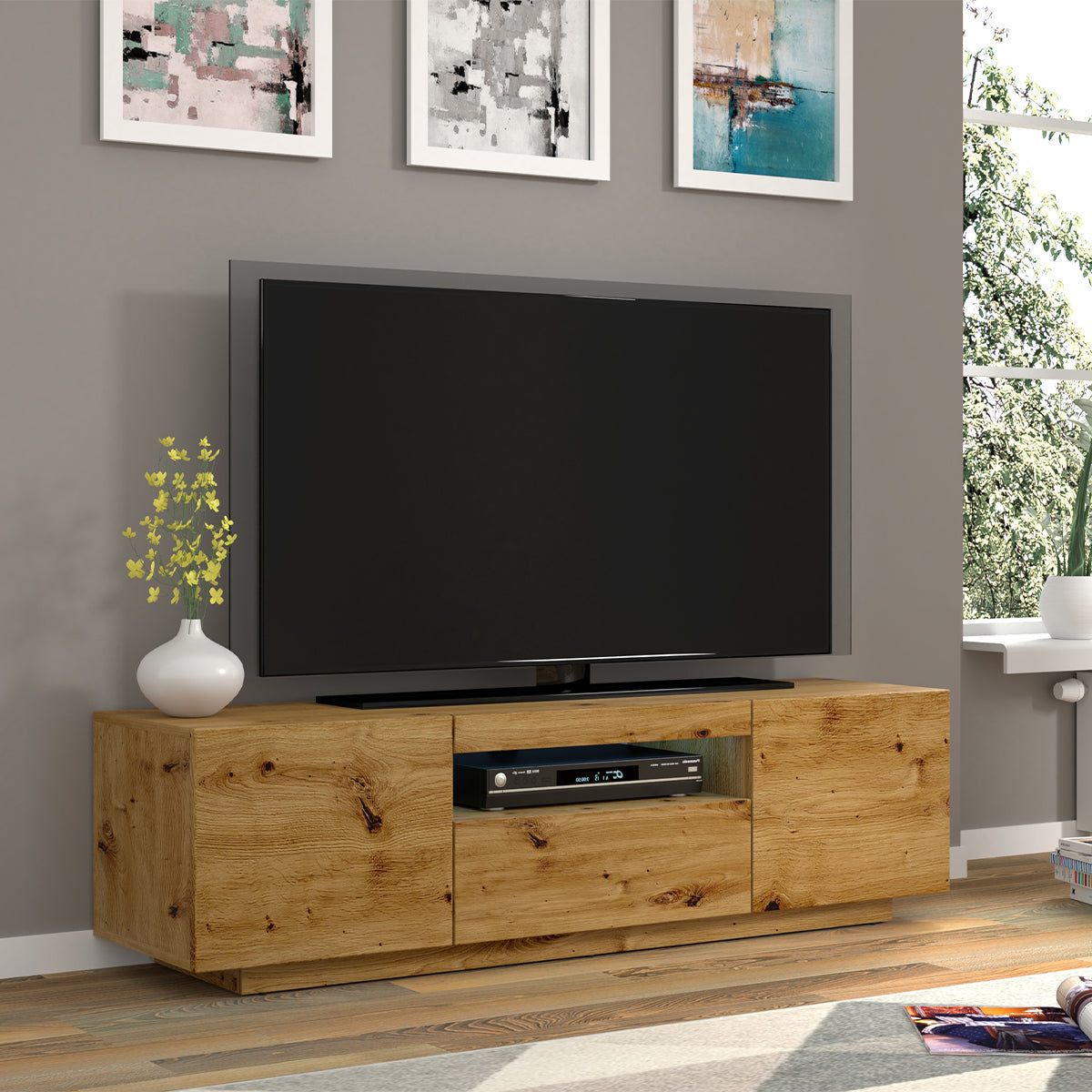 Meuble TV mural 3 portes 150 cm LED Aurus Bois - vue 6