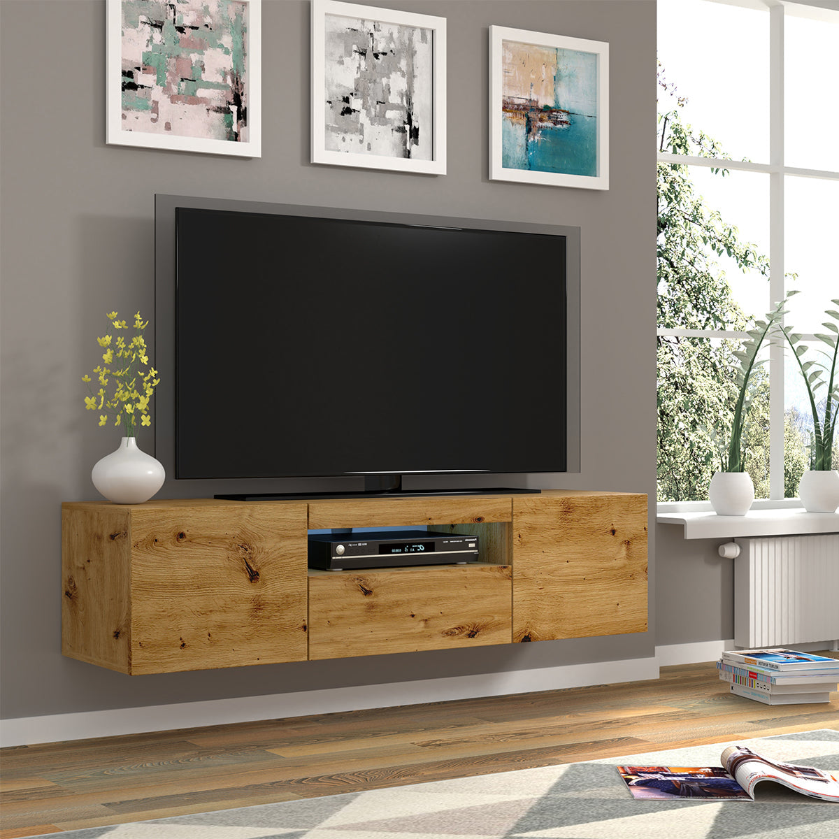Meuble TV mural 3 portes 150 cm LED Aurus Bois - vue 5