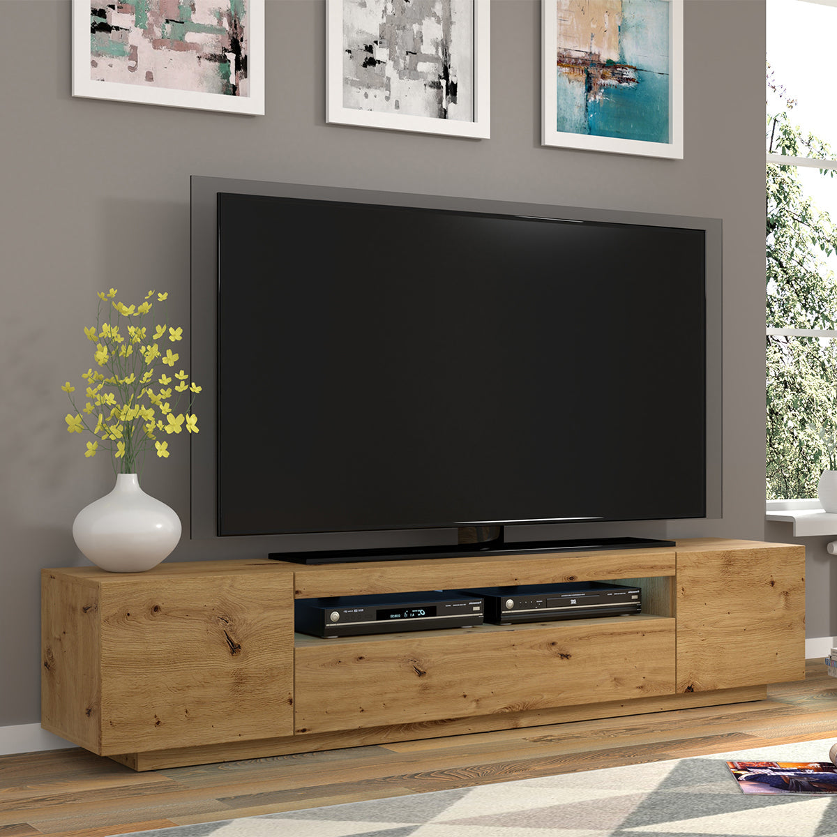 Meuble TV mural 3 portes 200 cm LED Aurus Bois - vue 4