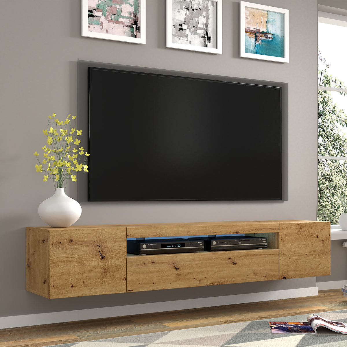 Meuble TV mural 3 portes 200 cm Aurus Bois - vue 3