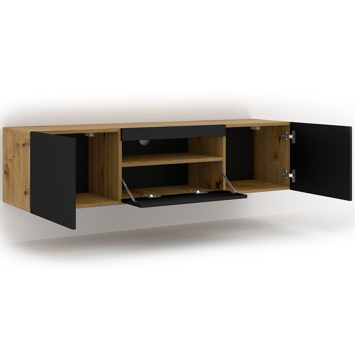 Meuble TV mural 3 portes 150 cm Aurus Noir et Bois - vue 2