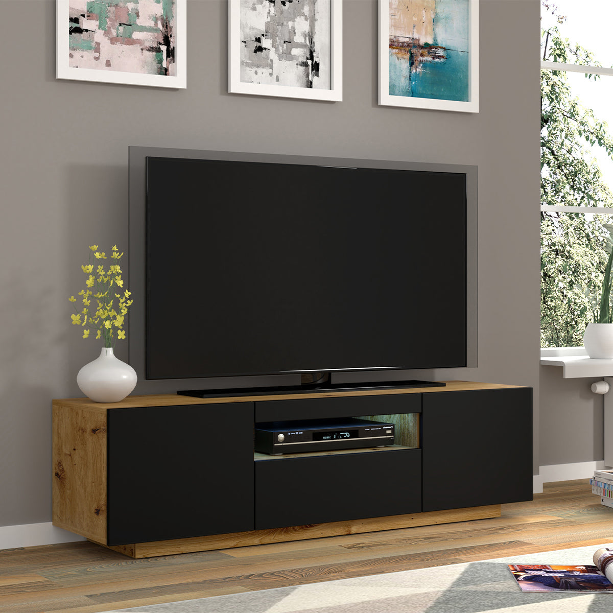 Meuble TV mural 3 portes 150 cm LED Aurus Noir et Bois - vue 6