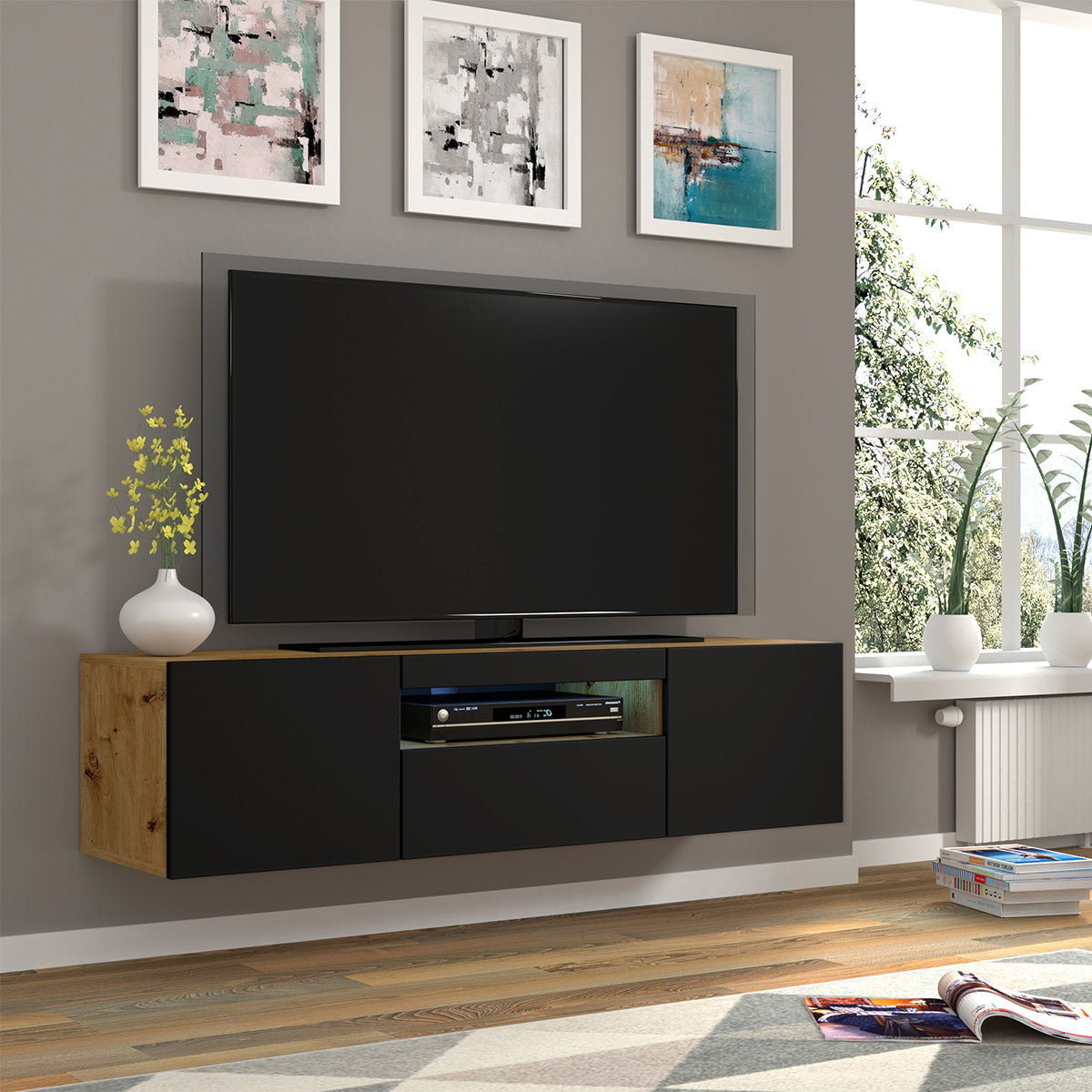 Meuble TV mural 3 portes 150 cm LED Aurus Noir et Bois - vue 5
