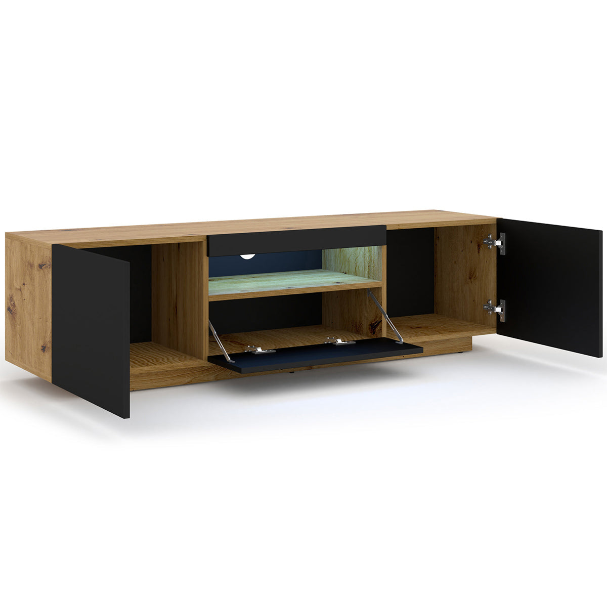 Meuble TV mural 3 portes 150 cm LED Aurus Noir et Bois - vue 4