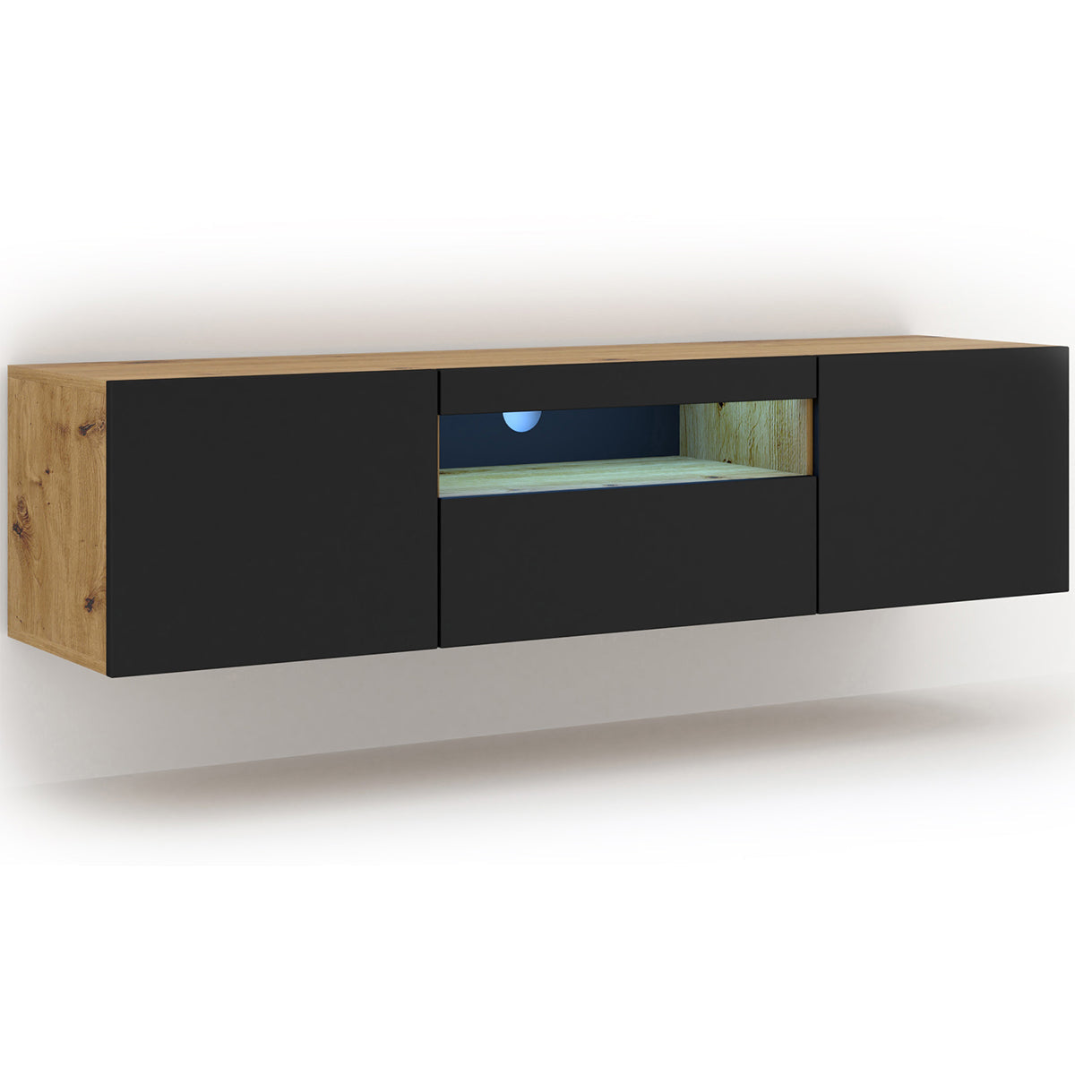 Meuble TV mural 3 portes 150 cm LED Aurus Noir et Bois
