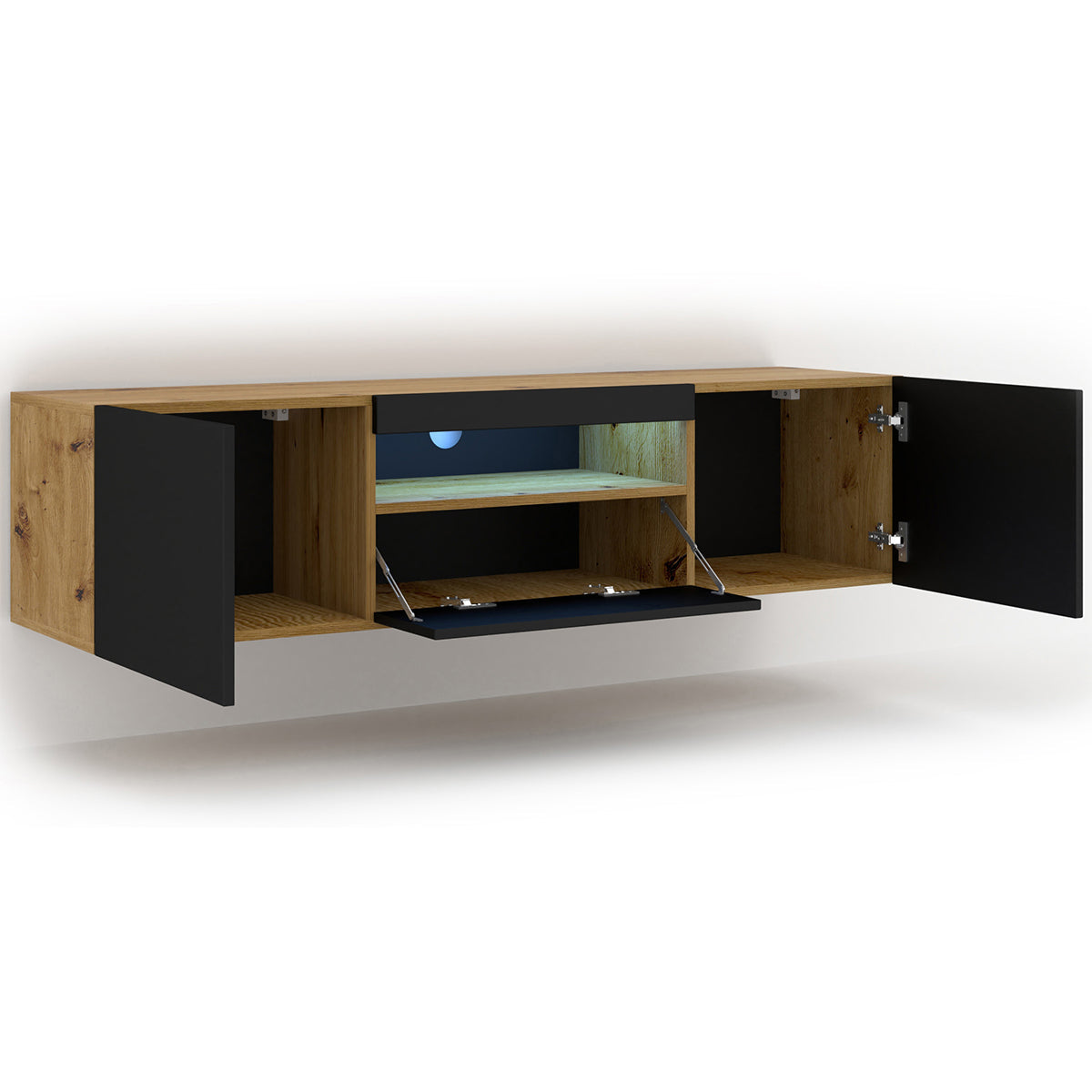 Meuble TV mural 3 portes 150 cm LED Aurus Noir et Bois - vue 2