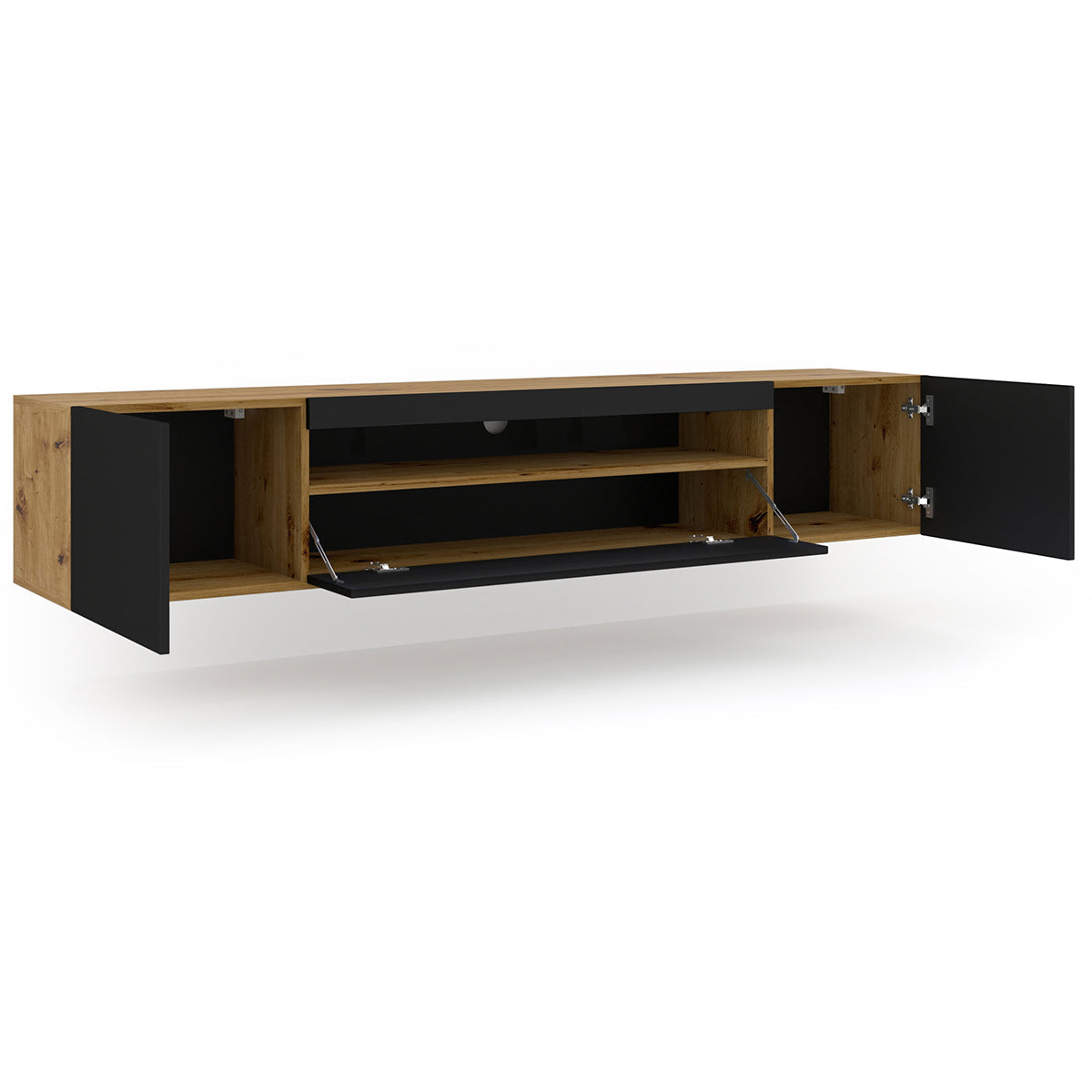 Meuble TV mural 3 portes 200 cm LED Aurus Noir et Bois - vue 2