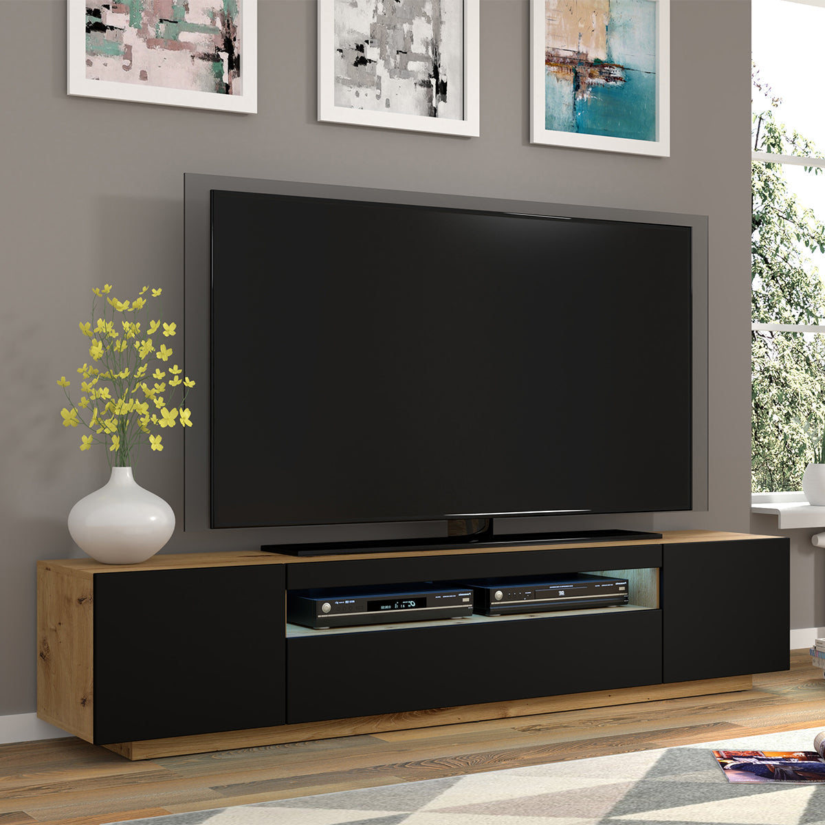 Meuble TV mural 3 portes 200 cm LED Aurus Noir et Bois - vue 4