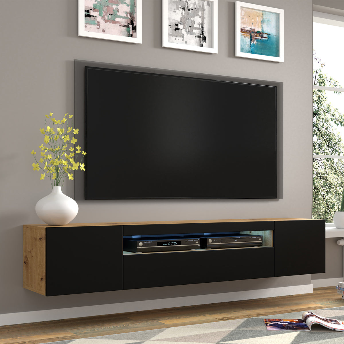 Meuble TV mural 3 portes 200 cm LED Aurus Noir et Bois - vue 3