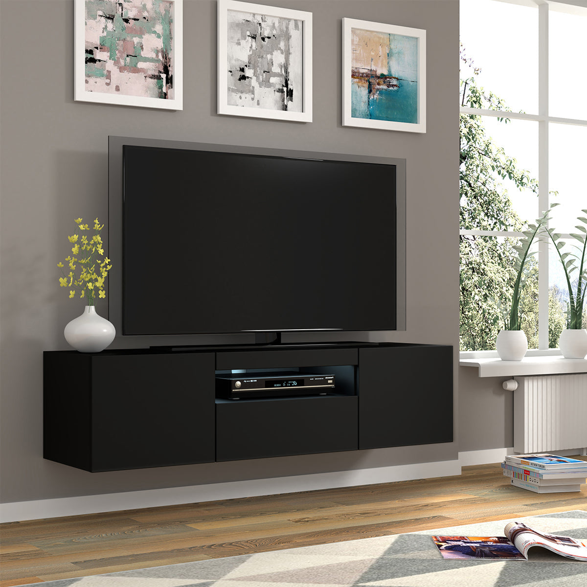 Meuble TV mural 3 portes 150 cm Aurus Noir - vue 5
