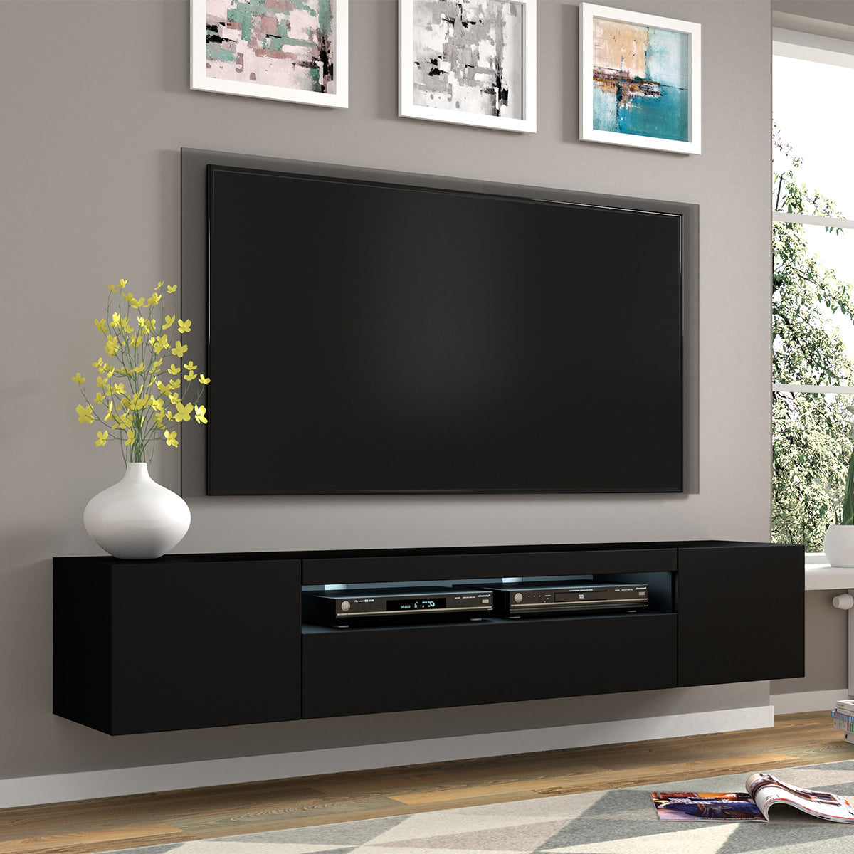 Meuble TV mural 3 portes 200 cm LED Aurus Noir - vue 3