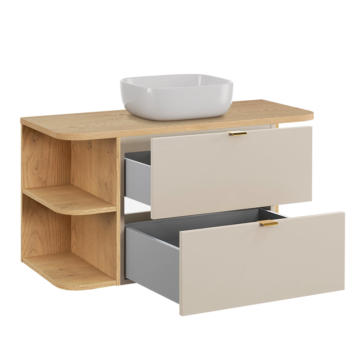 Ensemble meuble simple vasque 100cm niches arrondies et colonne Azel Cachemire et Bois - vue 2