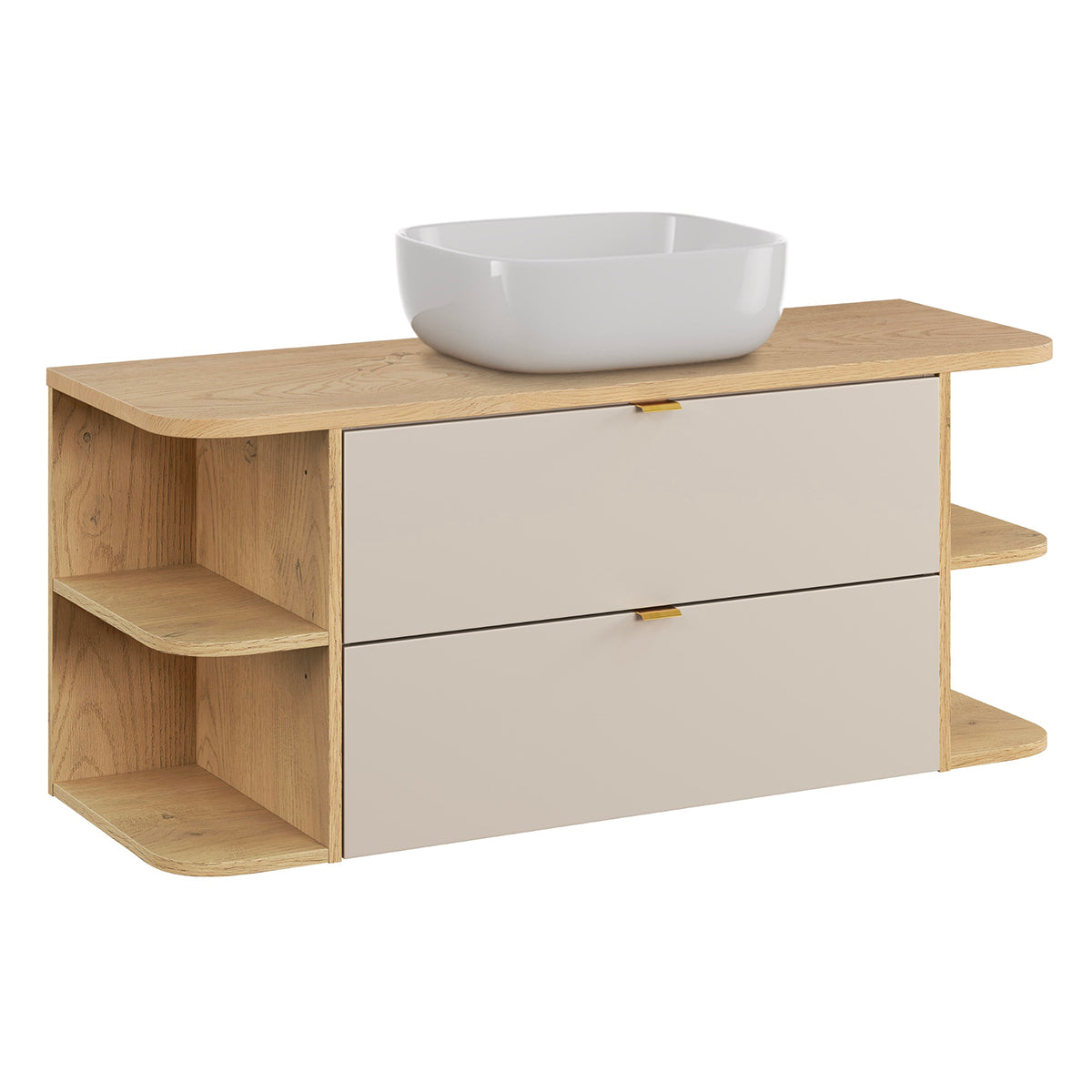 Meuble simple vasque 120cm niches arrondies Azel Cachemire et Bois