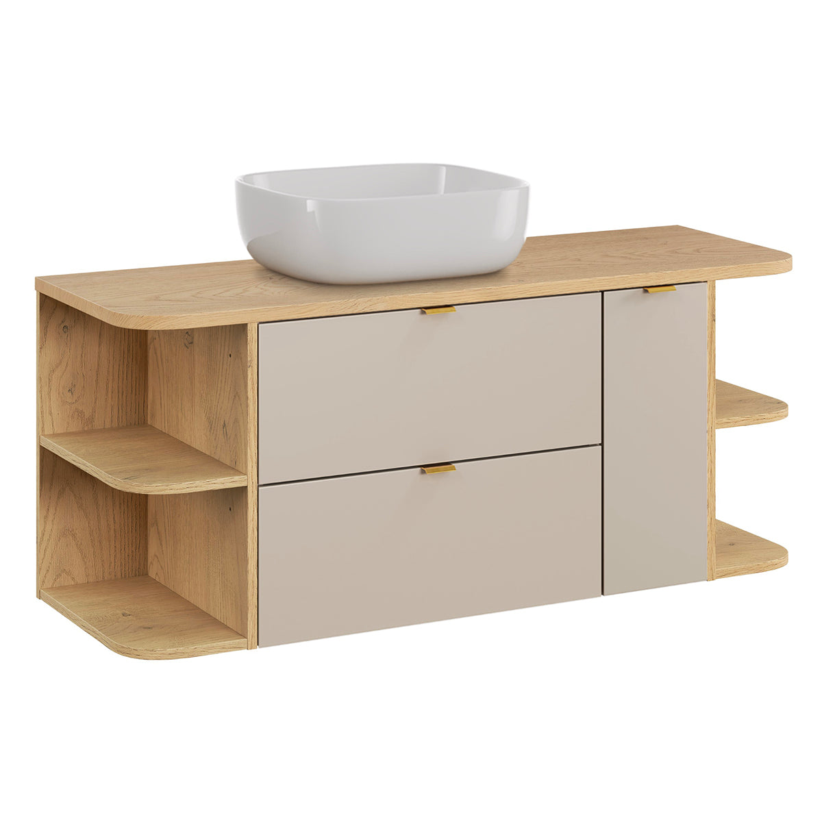 Meuble simple vasque 120cm 3 tiroirs niches arrondies Azel Cachemire et Bois