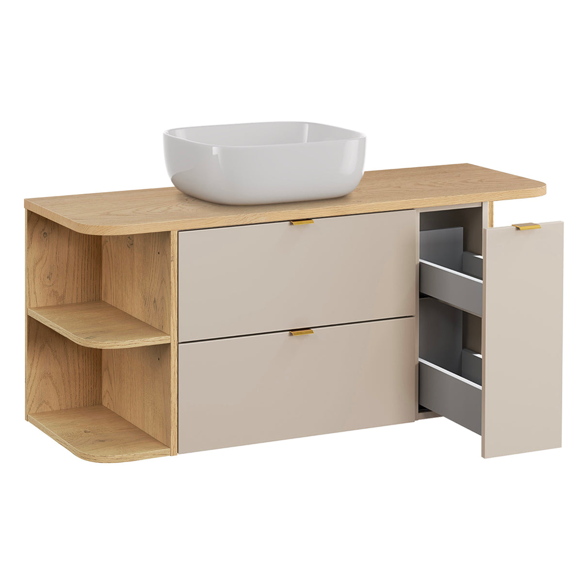 Ensemble meuble simple vasque 120cm 3 tiroirs niches arrondies et colonne Azel Cachemire et Bois - vue 3