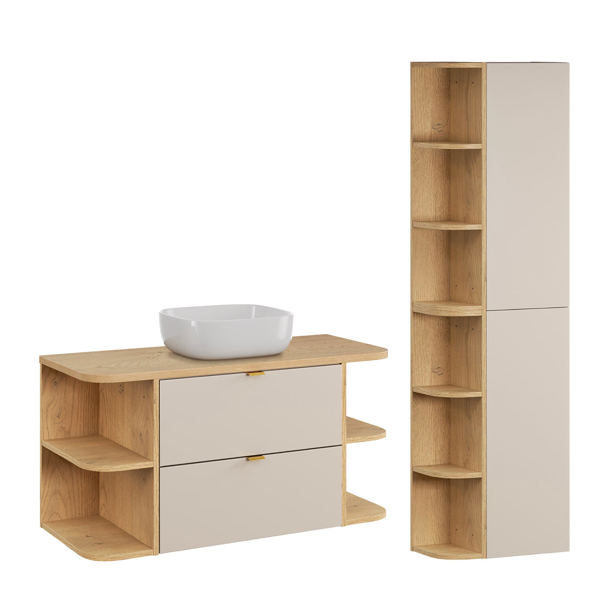 Ensemble meuble simple vasque 100cm niches arrondies et colonne Azel Cachemire et Bois