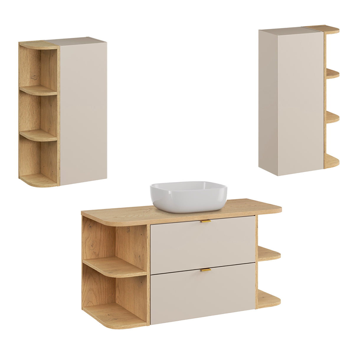 Ensemble meuble simple vasque 100cm niches arrondies et colonne Azel Cachemire et Bois - vue 8