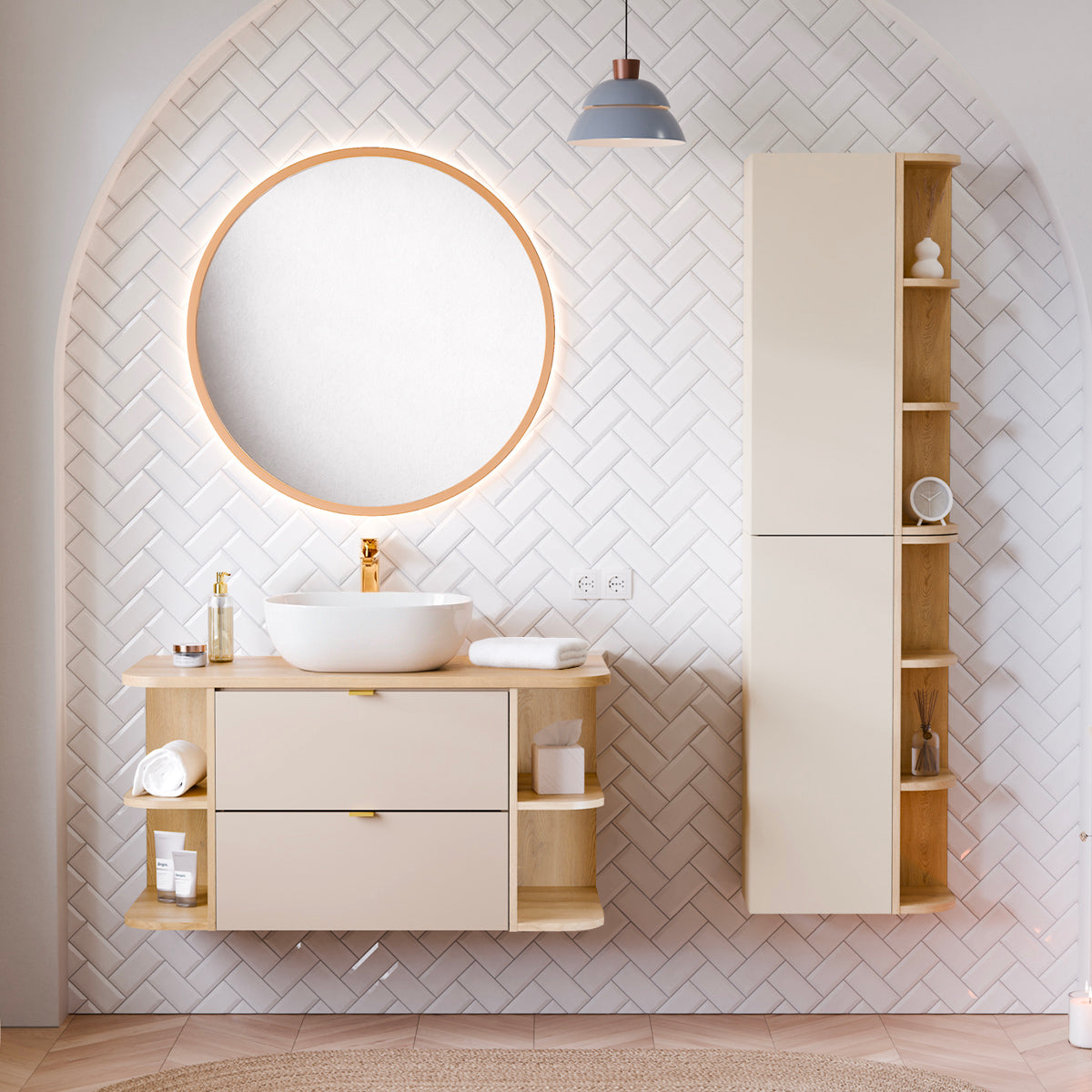 Ensemble meuble simple vasque 100cm niches arrondies et colonne Azel Cachemire et Bois