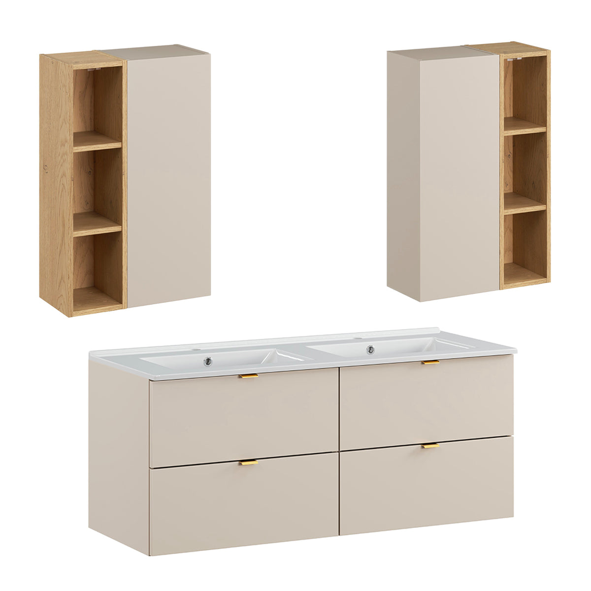 Ensemble meuble double vasque encastrée 120cm et colonne Azel Cachemire et Bois - vue 8